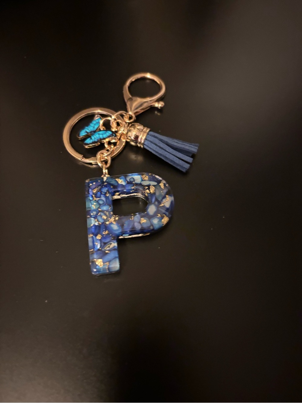 Charm/Keychain- Blue & Gold Resin Initial "P” with Tassel & Butterfly - Picture 2 of 2